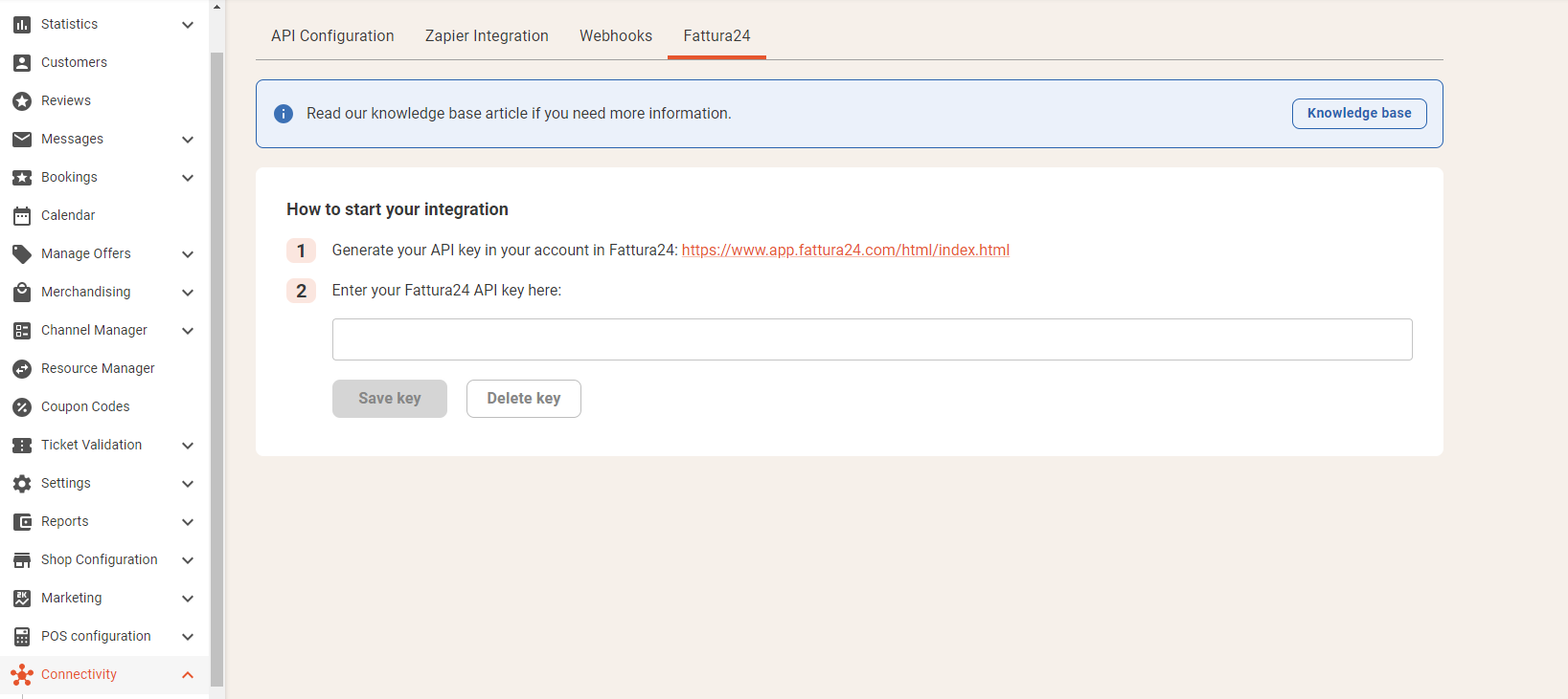 Connectivity settings page displaying Fattura24 integration setup with instructions for API key generation and input.