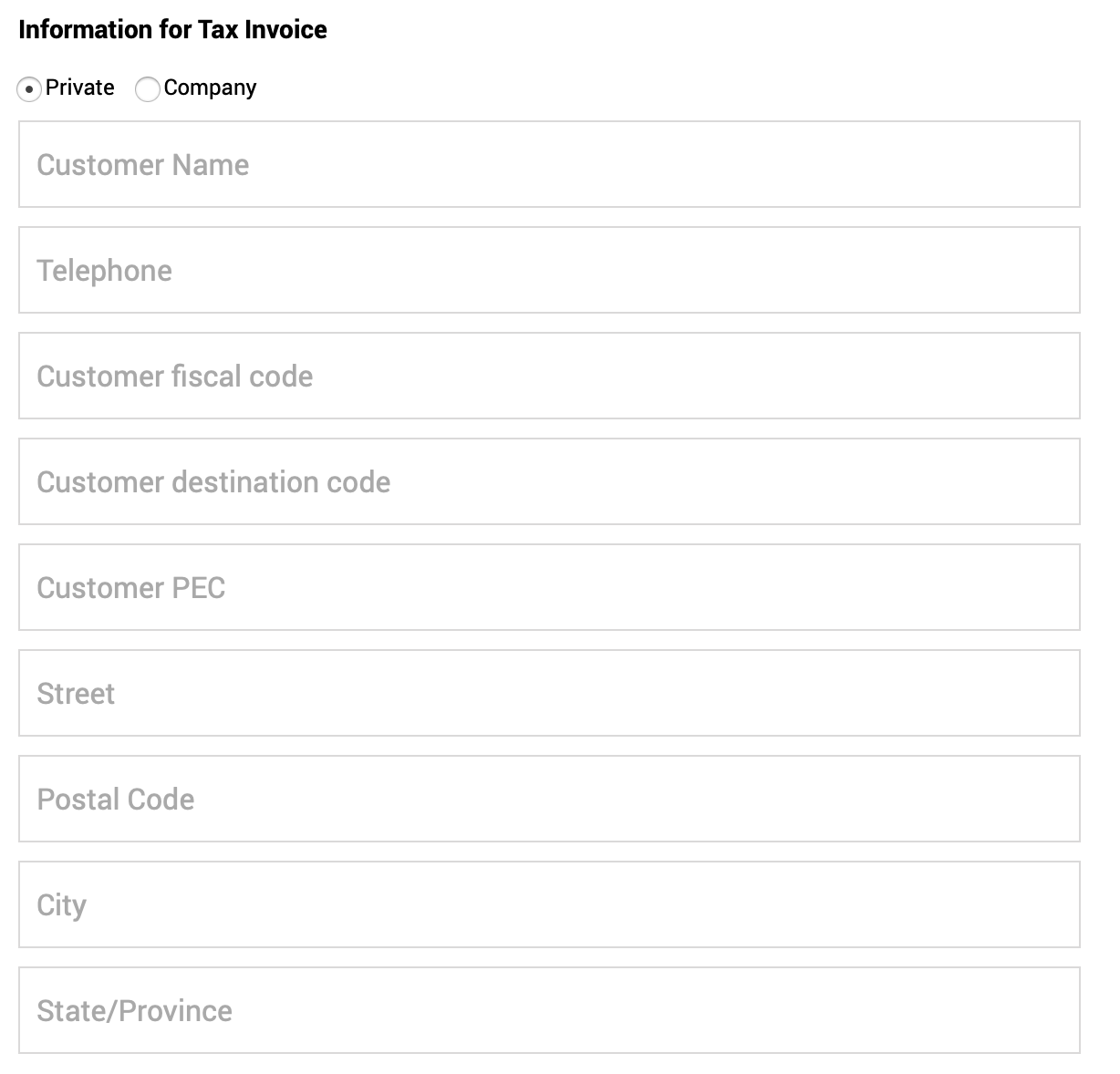 Empty form for tax invoice entry fields including personal details, fiscal codes, and address information.