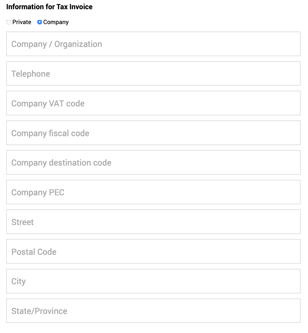 Company tax invoice form displaying input fields for organization details, VAT code, fiscal data, and address.