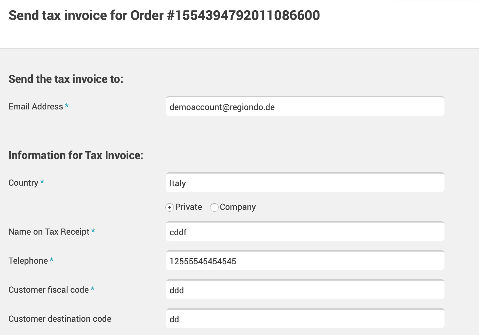 Tax invoice form for an order showing recipient email, country, customer details, and fiscal information for Italy.