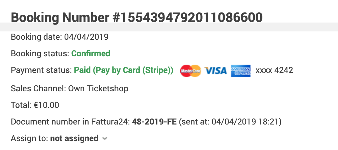 Booking details showing confirmed booking paid by card through Stripe with Fattura24 document number reference.