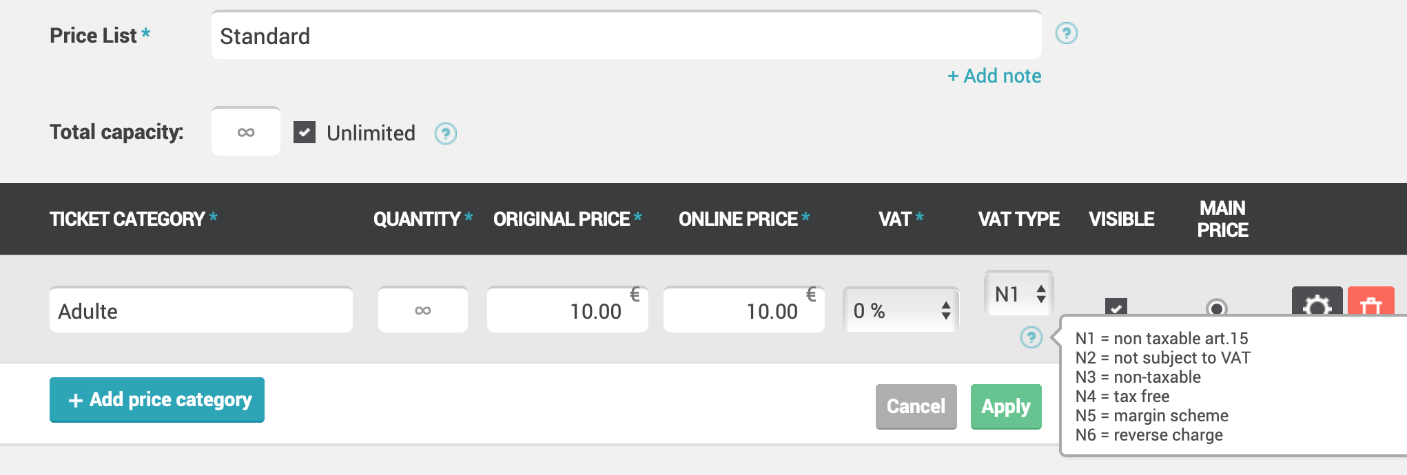 Offer price configuration showing ticket category, capacity, prices, VAT rate, and VAT type options with explanations.