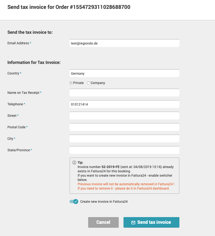 Form for sending a tax invoice for a specific order showing required customer details and option to create a new invoice in Fattura24.