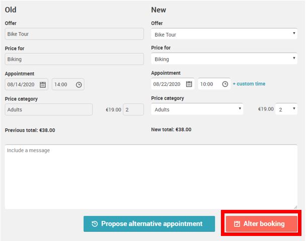 Booking change form updating Bike Tour appointment date and time with alter booking option.