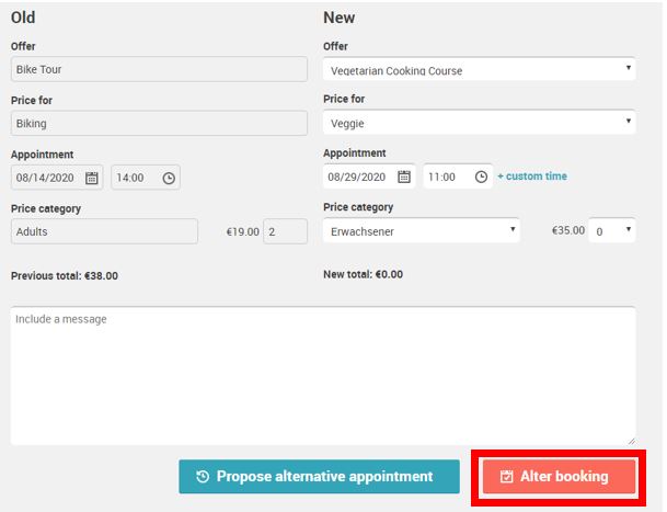 Booking modification form showing change from Bike Tour to Vegetarian Cooking Course with new date and price details.
