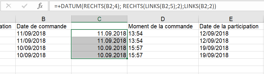 Spreadsheet demonstrating a formula converting text dates to date format using the DATUM function.