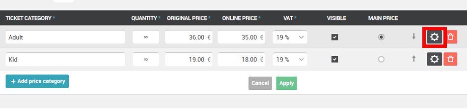 Ticket pricing interface showing adjustable settings icon for modifying adult and kid ticket categories.