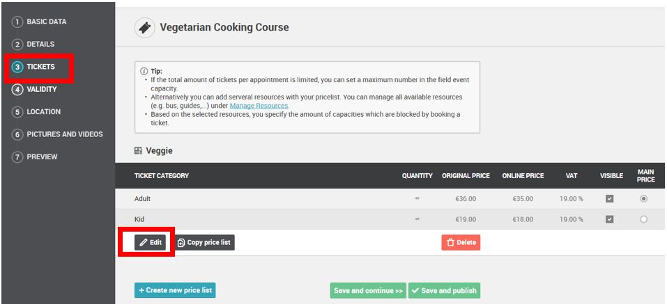 Ticket price list for a vegetarian cooking course displaying adult and kid categories with editable options and VAT settings.
