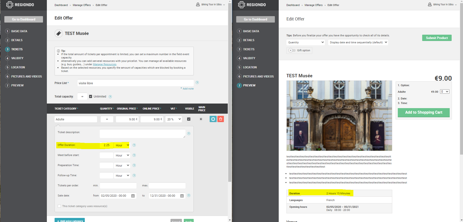 Side-by-side editing and preview view of a museum offer setup showing a 2.25-hour duration converting to 2 hours 15 minutes in the offer preview.