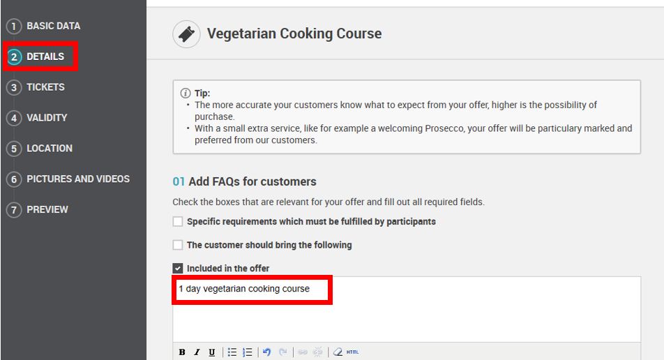 Details section of a vegetarian cooking course showing included offer information and a one-day course description.