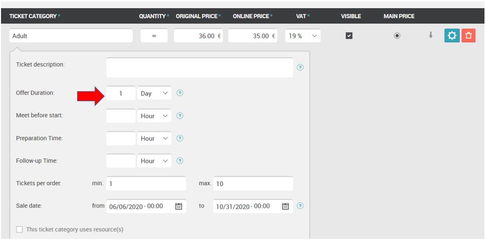 Ticket category configuration for a vegetarian cooking course showing one-day offer duration and sales period fields.