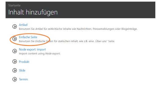 Menu option screen for adding different content types, highlighting the Simple Page option for static content.
