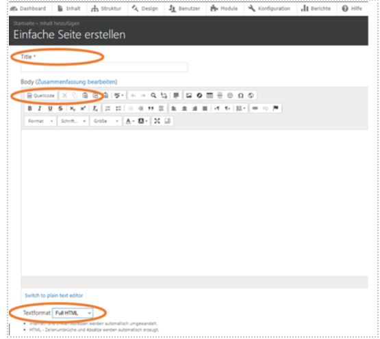 Page creation interface showing title input, text editor, and Full HTML format option.