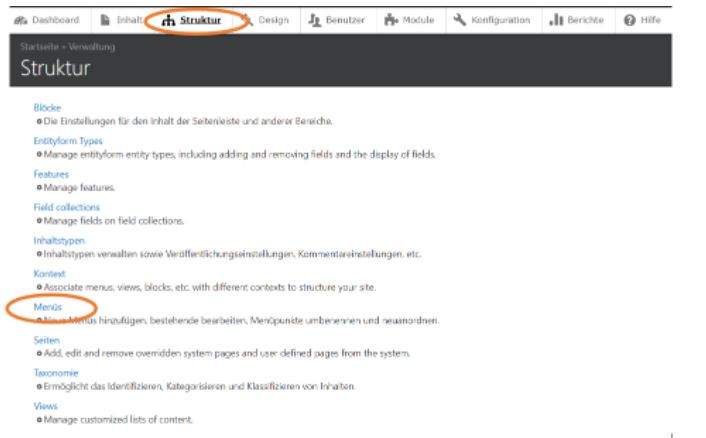 Structure section in the admin dashboard showing access to menu settings.
