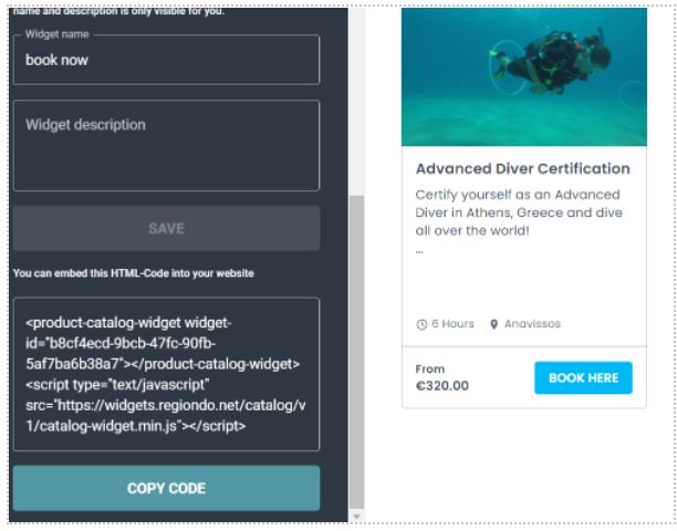 Widget configuration and HTML code embed screen showing booking details and copy code button.