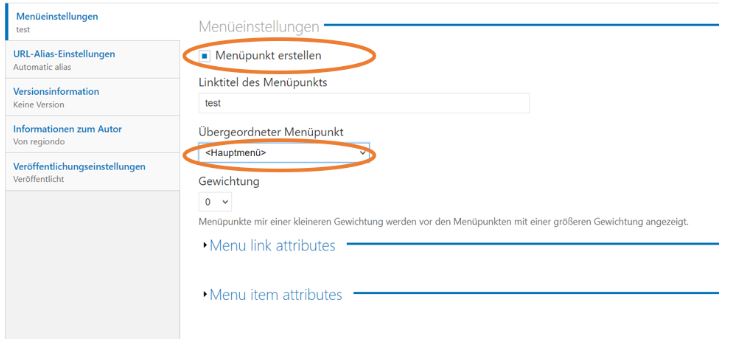 Menu item creation panel with options to create a menu link and assign it to the main menu.