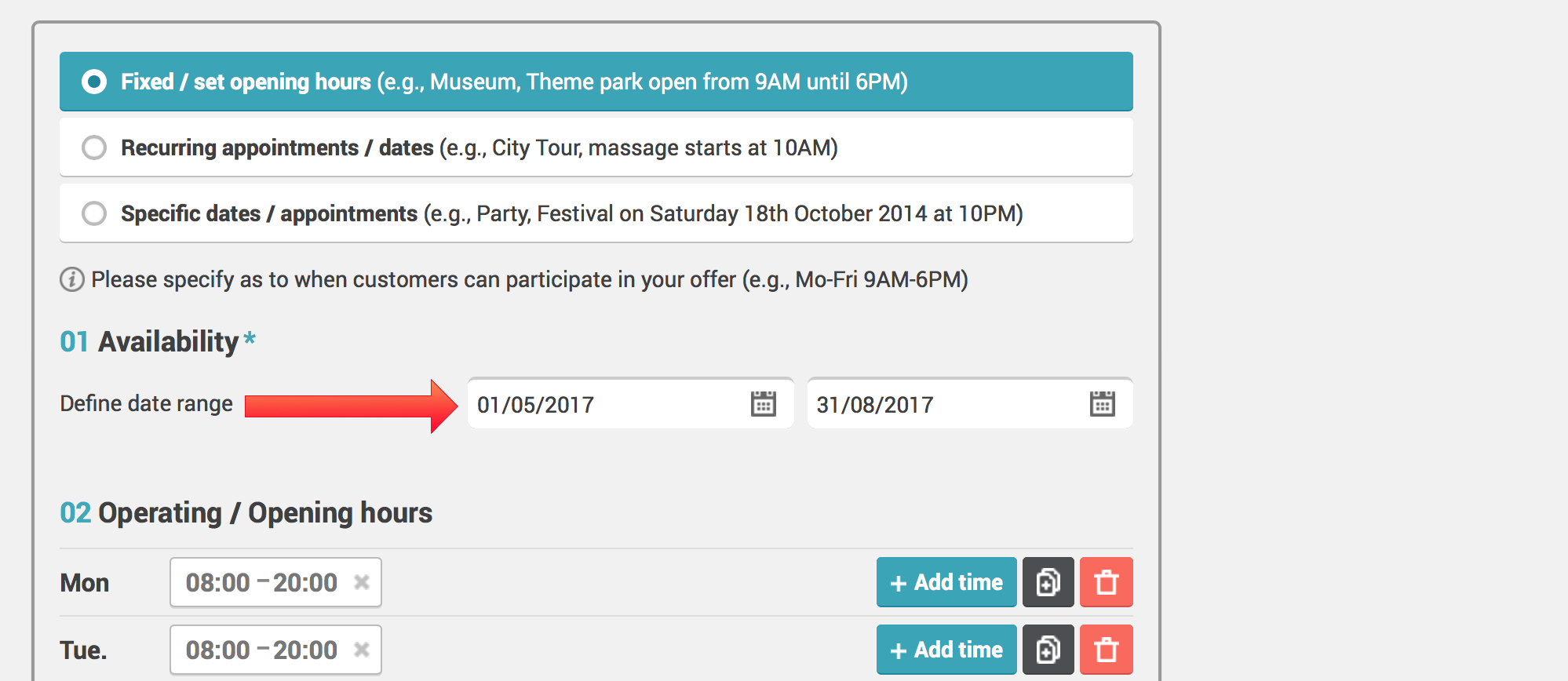 Booking settings screen showing availability options with an arrow indicating the date range fields for start and end dates.