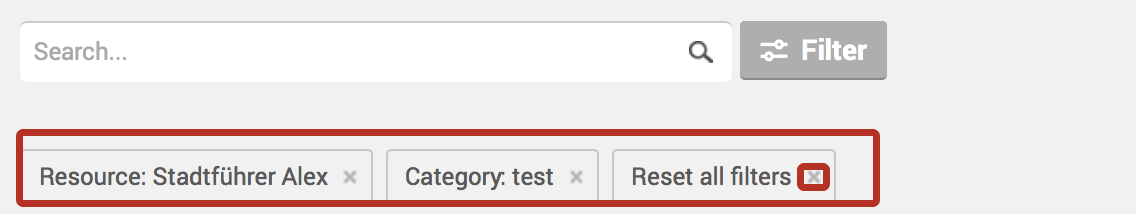 Active filters displayed below a search bar showing selected resource and category with an option to reset all filters.
