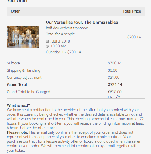 Booking summary for a Versailles tour showing subtotal, currency adjustment, and VAT-inclusive total with order confirmation details.