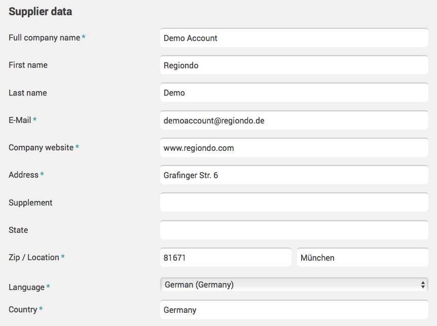 Form displaying supplier data fields including company name, contact details, address, language, and country.