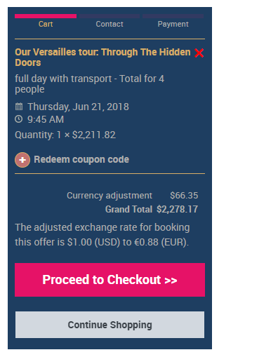 Checkout summary for a tour booking displaying item details, currency conversion rate, and grand total before payment.