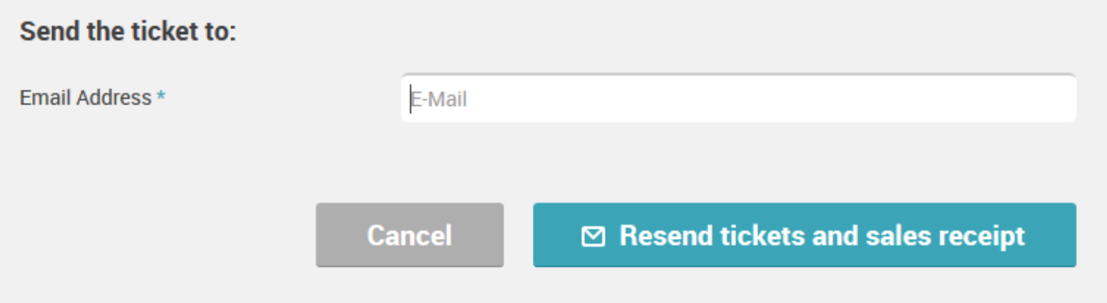 Form for entering an email address to resend tickets and sales receipt with cancel and resend buttons.