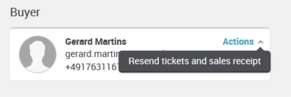 Buyer information section showing user details with an action tooltip to resend tickets and sales receipt.