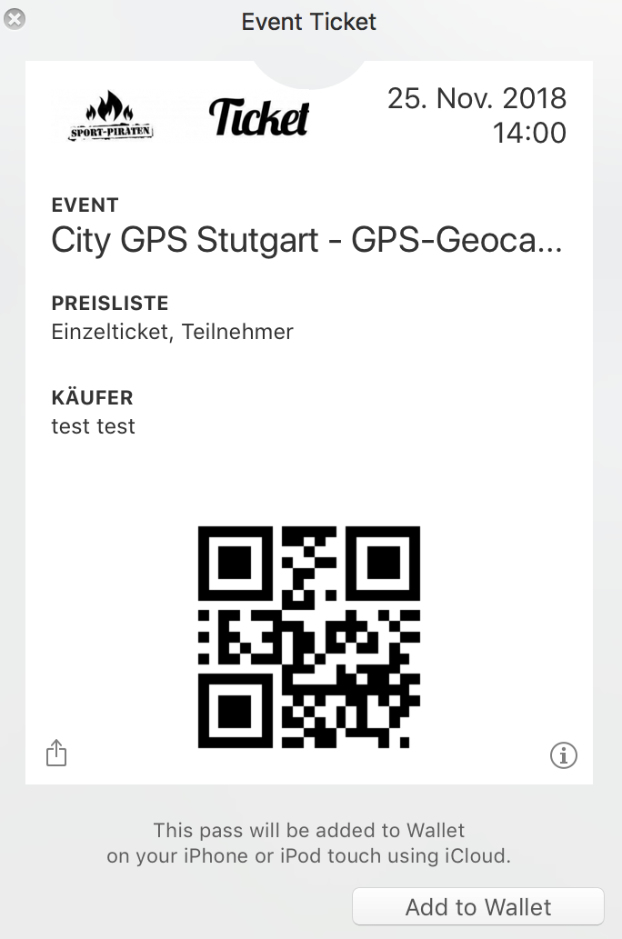 Digital event ticket for City GPS Stuttgart showing event details, participant name, QR code, and Add to Wallet option.