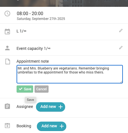 Appointment editing screen showing event details and a note about vegetarian guests and umbrellas.