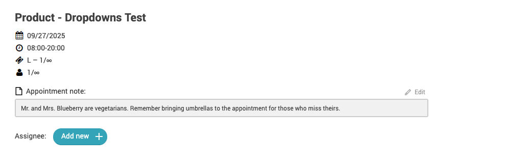 Saved appointment view displaying event details with an editable note about vegetarian guests and umbrellas.