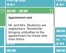 Calendar view showing a pop-up with appointment note reminding about vegetarian guests and umbrellas.