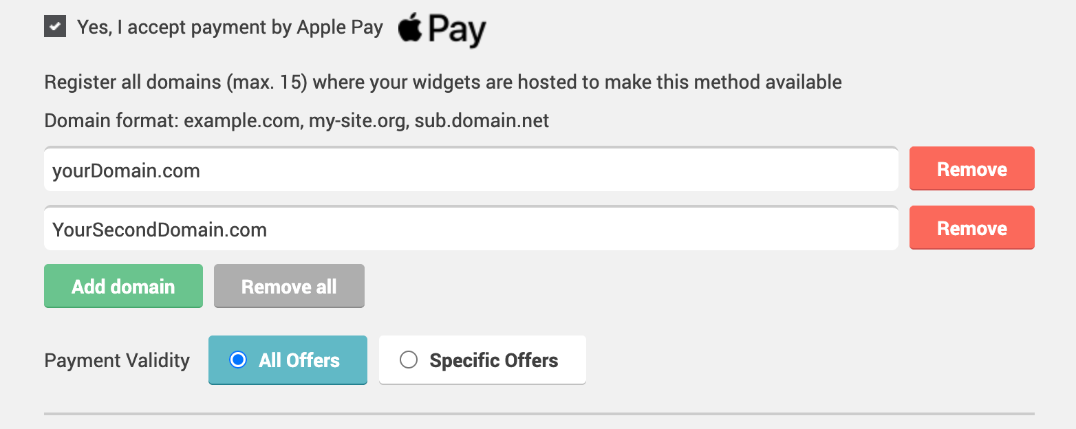 Apple Pay payment setup showing accepted payment option, domain registration fields, and buttons for adding or removing domains.