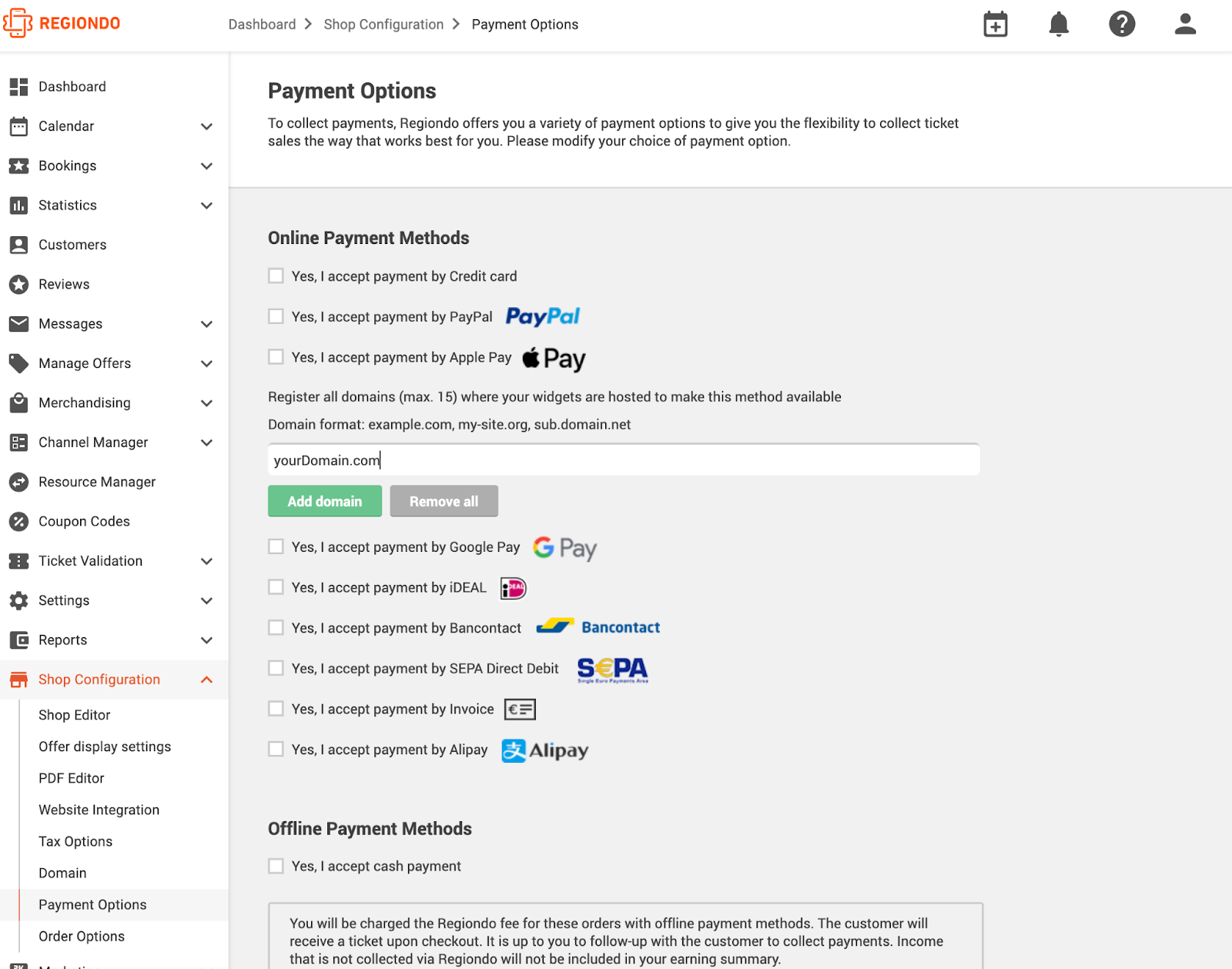 Payment Options configuration page in Regiondo dashboard listing online and offline payment methods including Apple Pay, Google Pay, and others.