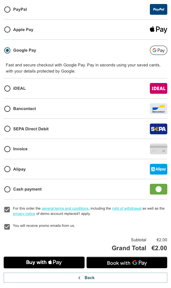 Checkout payment selection page displaying multiple payment methods including Google Pay, Apple Pay, PayPal, and other options with total amount summary.