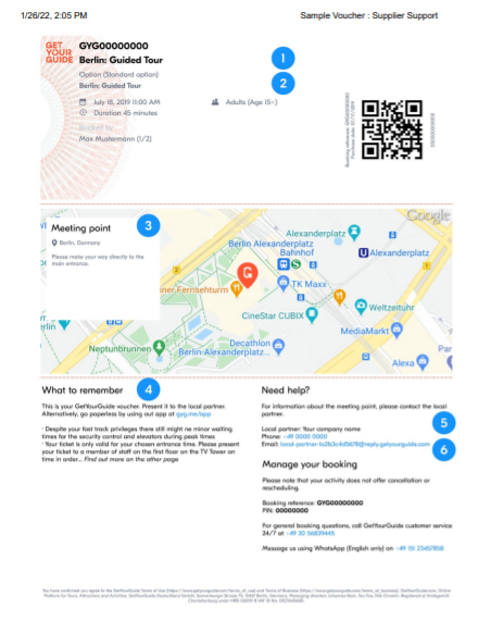 Sample GetYourGuide voucher showing tour details, meeting point map, and QR code.