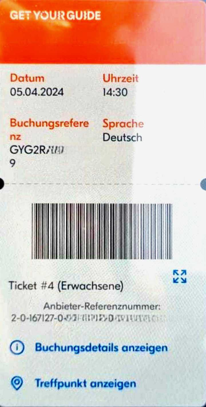 GetYourGuide ticket showing date, time, booking reference, barcode, and booking details in German.