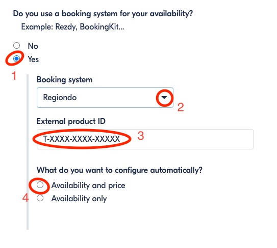 GetYourGuide pricing setup showing Regiondo as booking system and highlighted input steps for configuration.