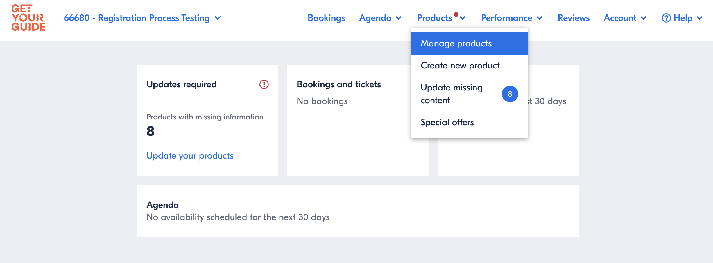GetYourGuide dashboard displaying product management options under the Products menu.
