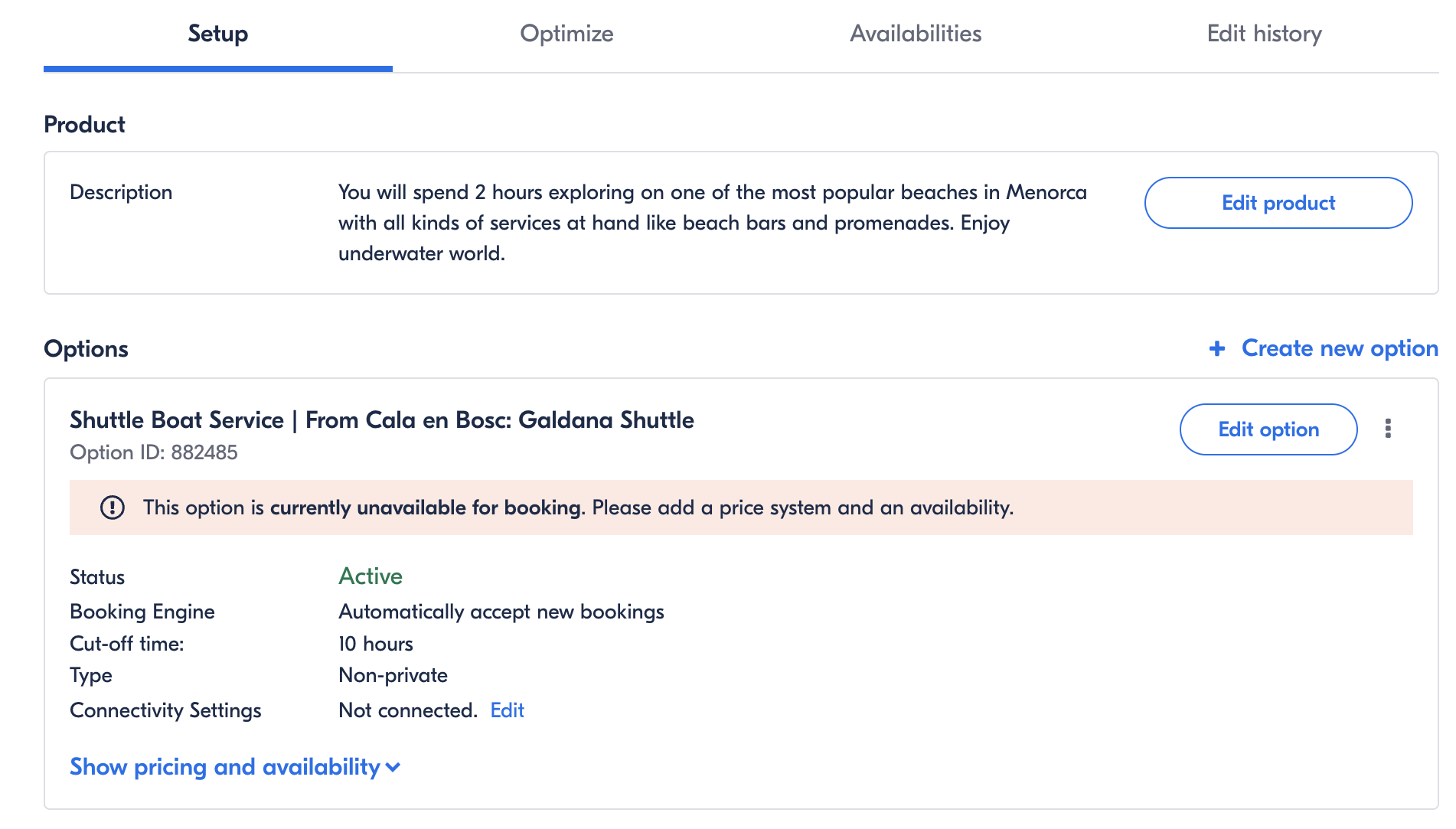 GetYourGuide product setup page showing description, option details, and connection status for booking availability.