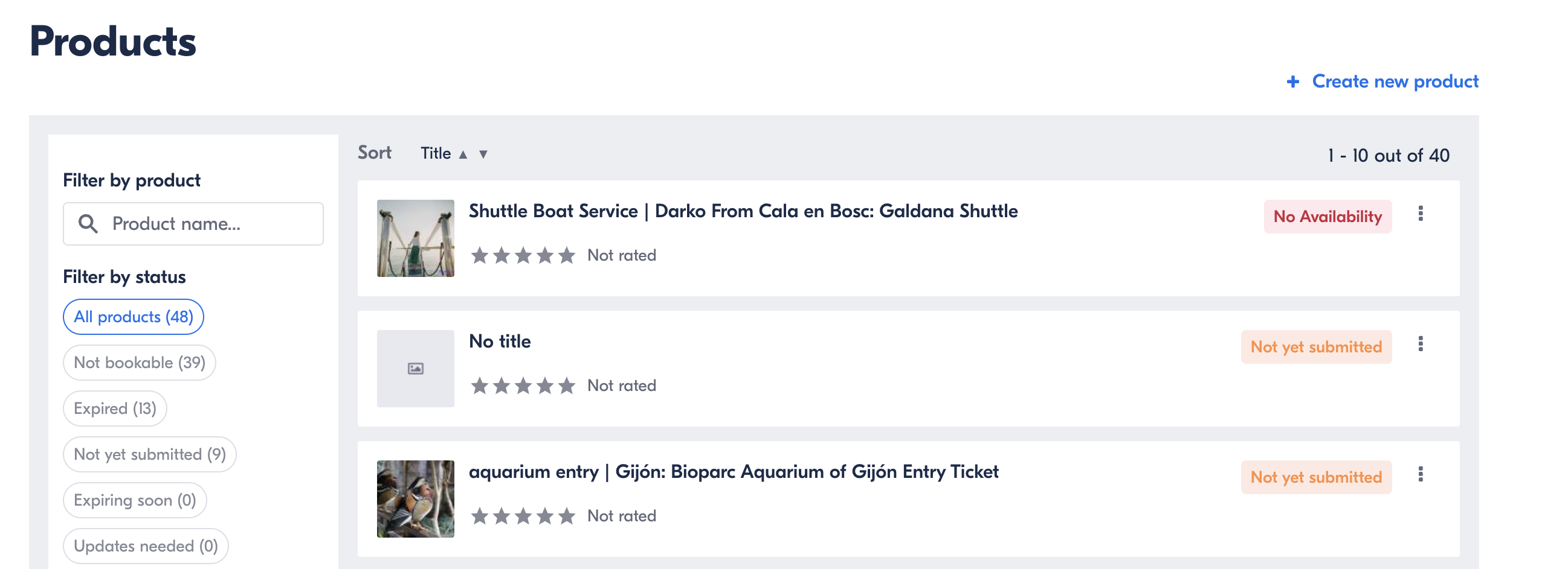 GetYourGuide product management dashboard showing product list filtered by status and availability.