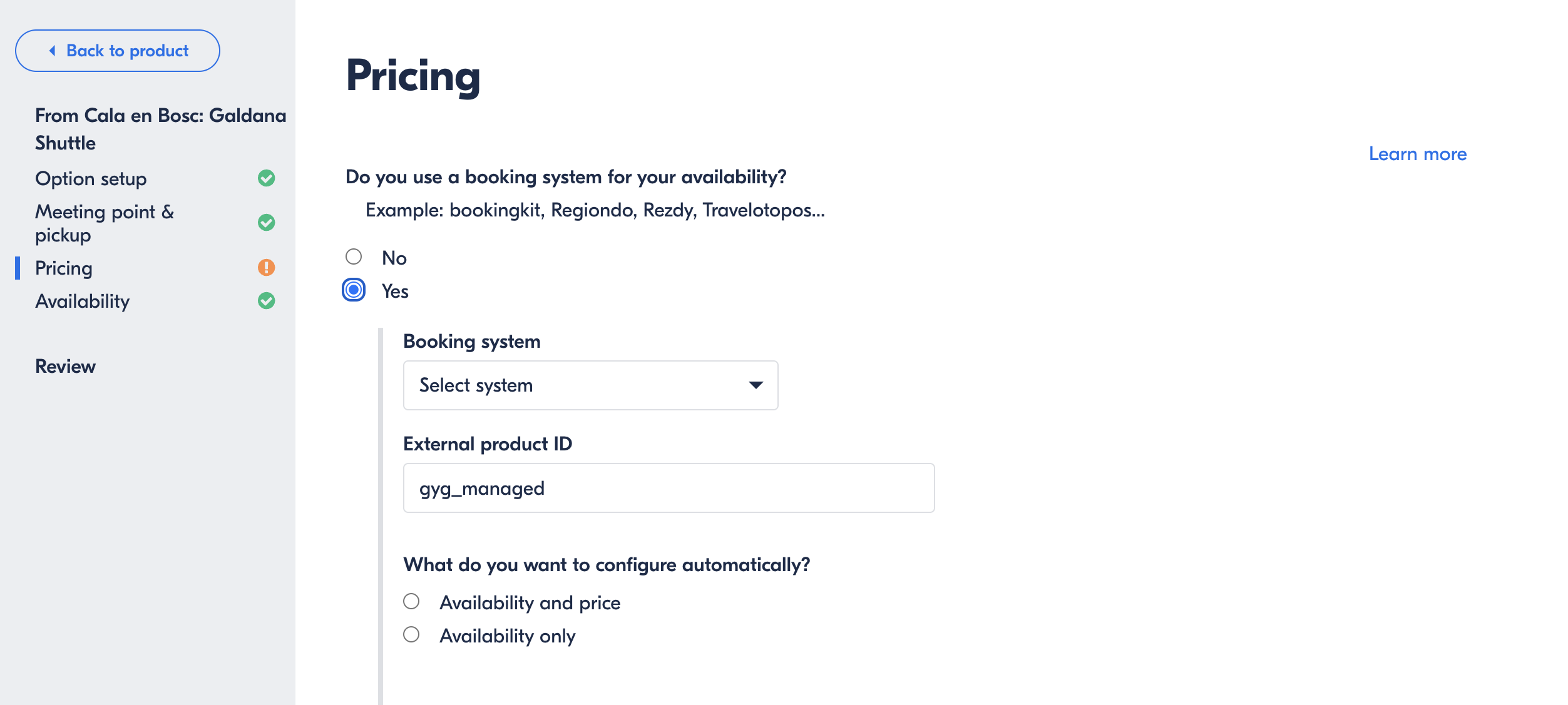 GetYourGuide pricing setup page with booking system option showing gyg_managed as the external product ID.