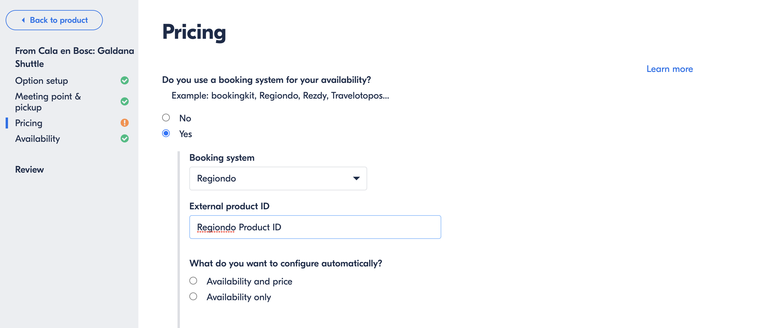 GetYourGuide pricing setup showing Regiondo as the selected booking system and product ID entry field.