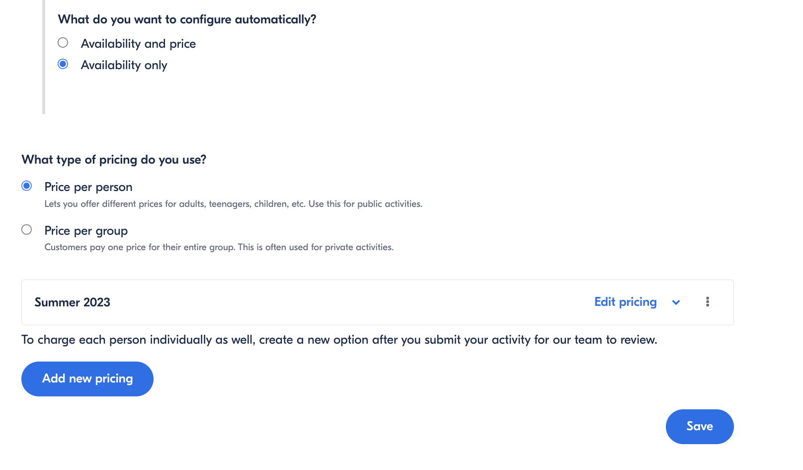 GetYourGuide pricing configuration showing availability and pricing options with price per person selected.