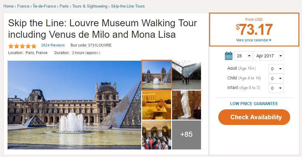 Viator tour listing for the Louvre Museum Walking Tour showing price, duration, and booking options.