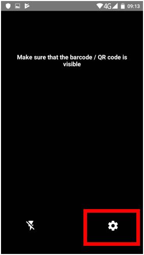 Mobile barcode scanning screen instructing the user to ensure the QR code is visible with a settings icon highlighted.