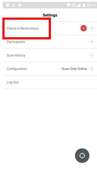 Settings screen displaying options like Check-in Restrictions, Participants, and Configuration with Check-in Restrictions highlighted.