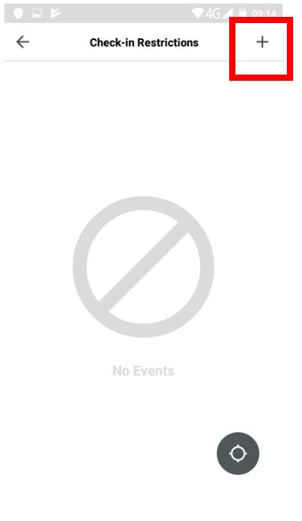 Check-in Restrictions screen in a mobile app showing no events and a highlighted plus icon for adding new restrictions.