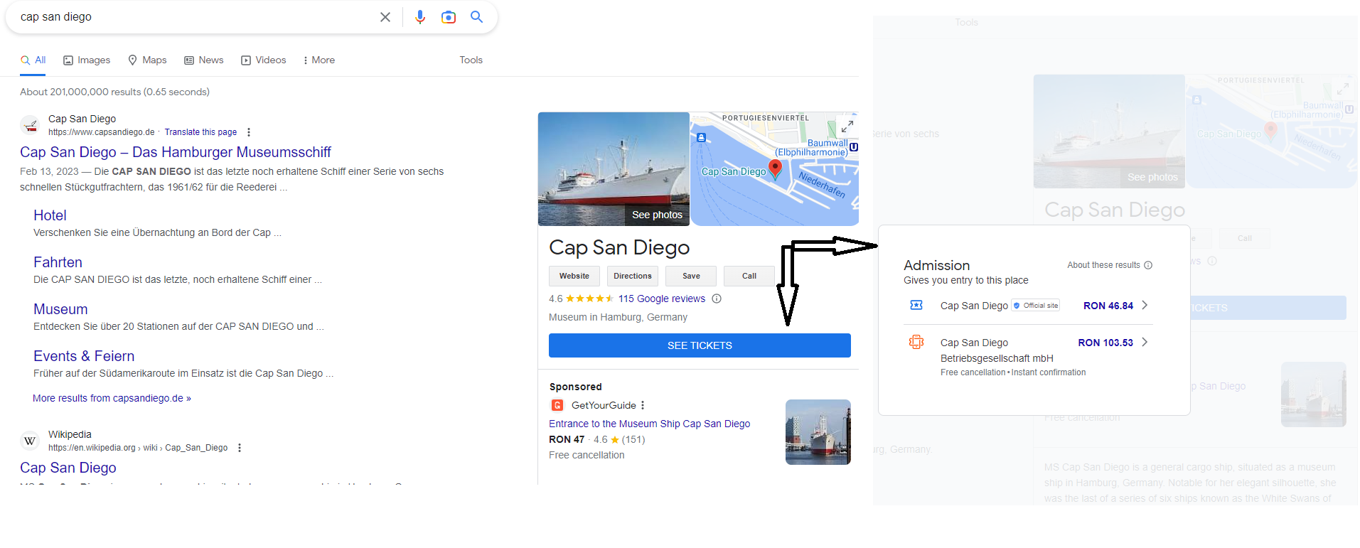 Google search results for Cap San Diego showing business listing with map, photos, and ticket booking options.