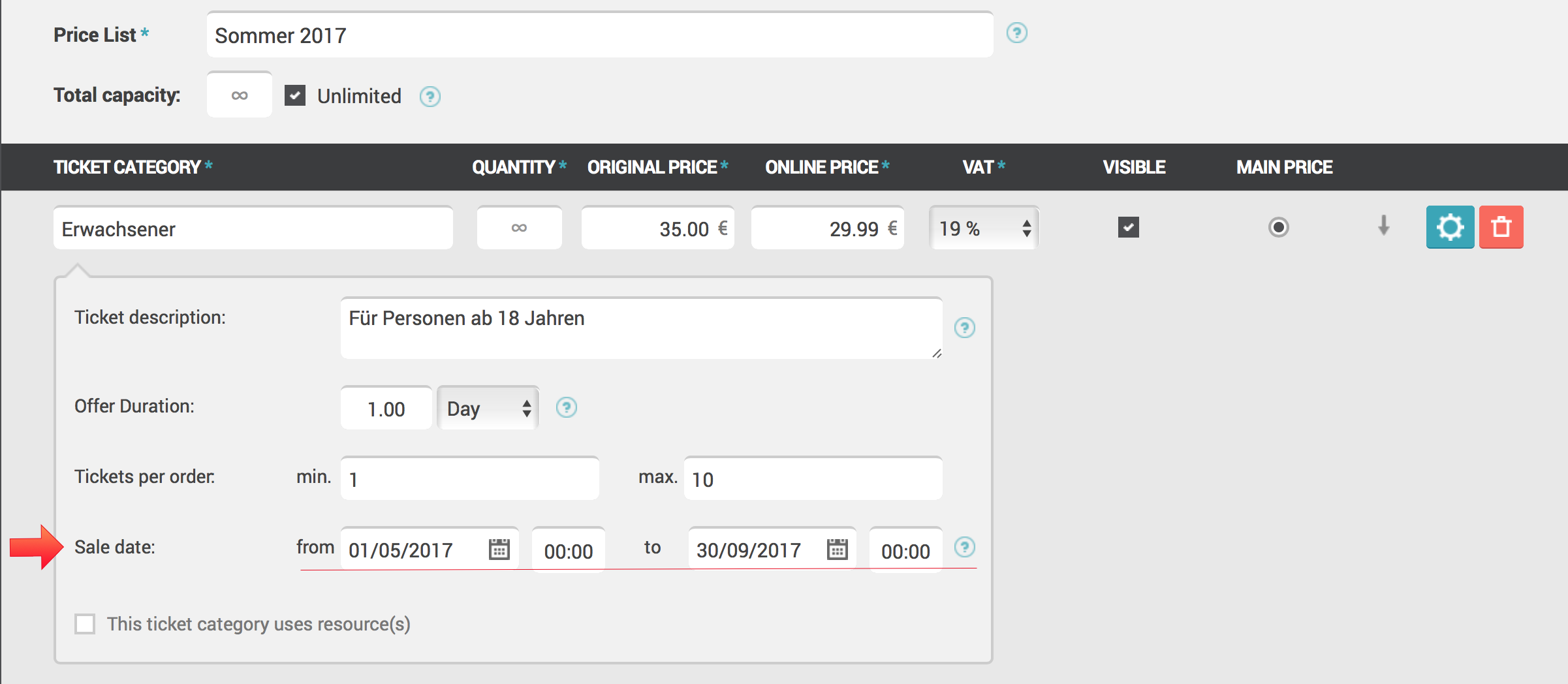 Ticket configuration screen for Sommer 2017 pricing with sale date range and offer duration for adult tickets.