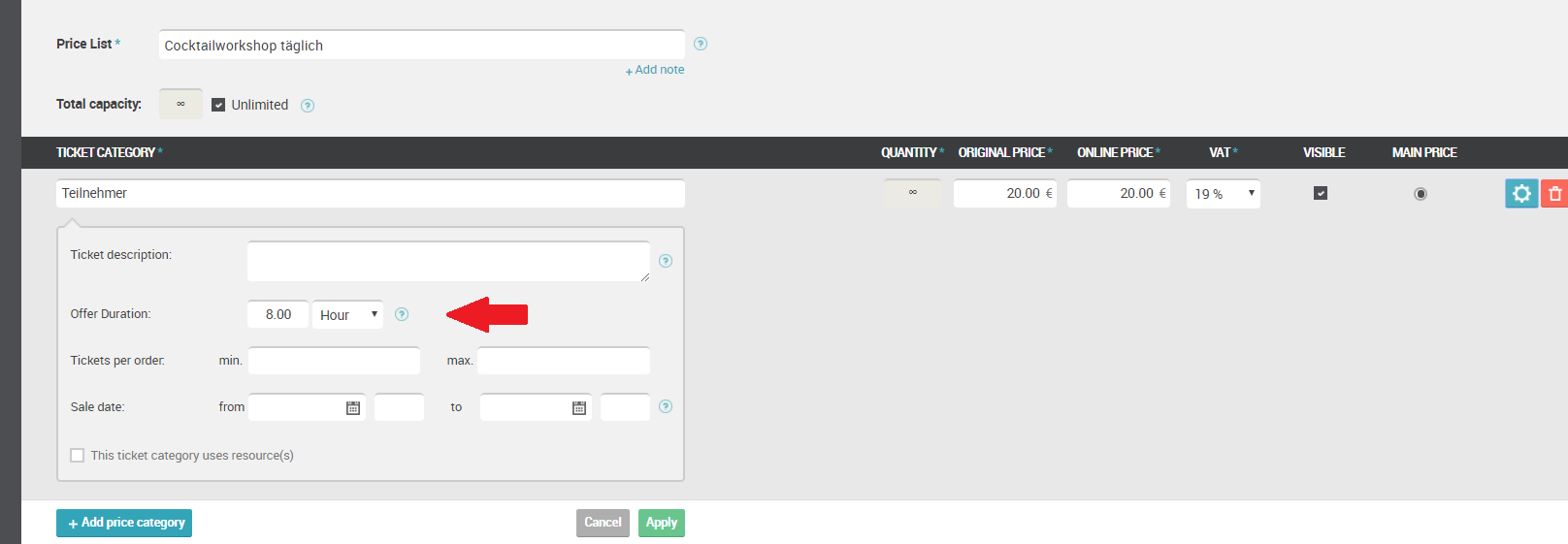 Ticket configuration for a cocktail workshop showing price setup, offer duration, and sale date fields.